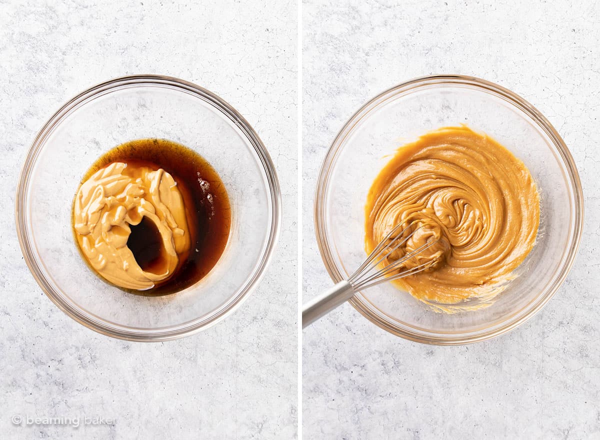 two pics of wet ingredients being whisked in mixing bowl.