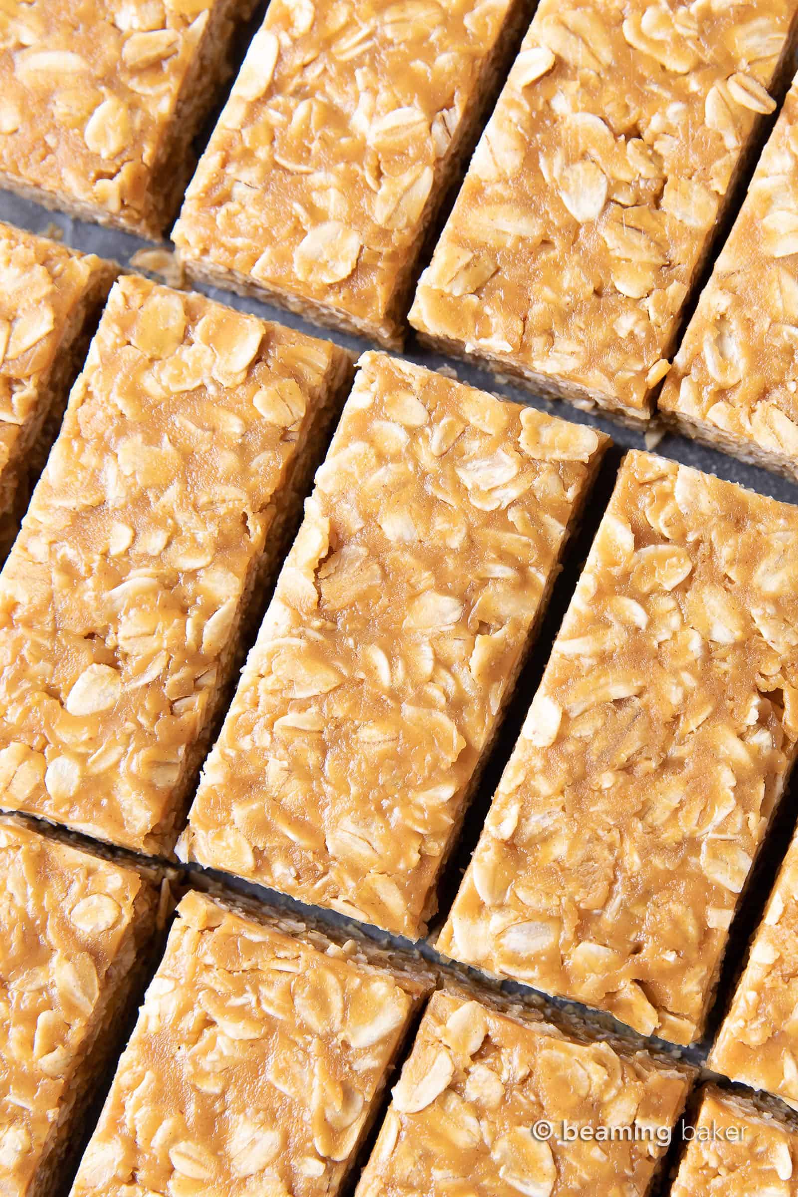 Closeup on homemade peanut butter granola bars cut in pan.