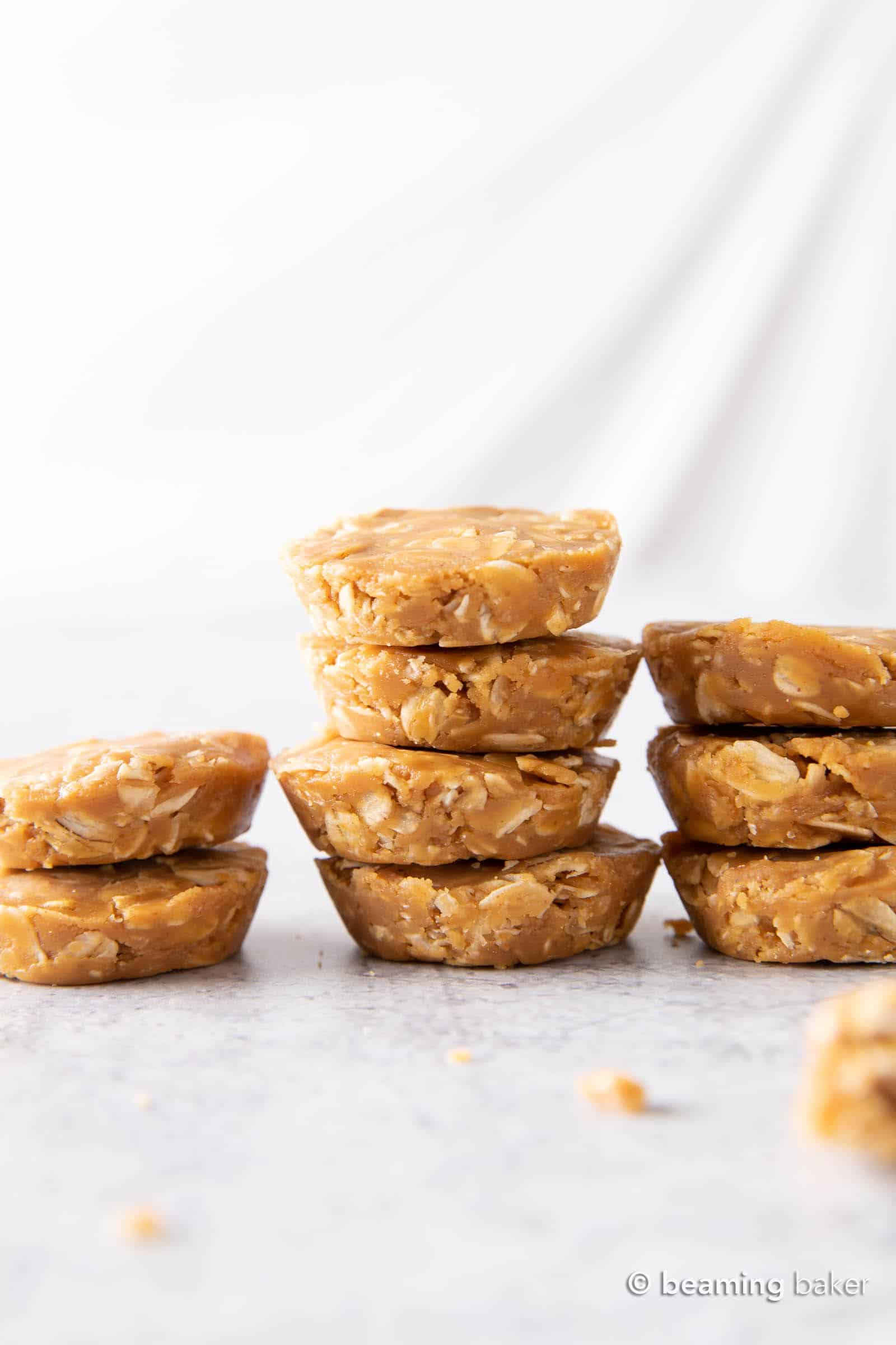 No Bake Peanut Butter Oatmeal Cups (V, GF): easy, simple & delicious—a quick recipe for soft ‘n chewy peanut butter oatmeal cups that are No Bake! Healthy, Gluten-Free, Vegan, Dairy-Free, No Cook. #NoBake #Cookies #PeanutButter #Oatmeal | Recipe at BeamingBaker.com