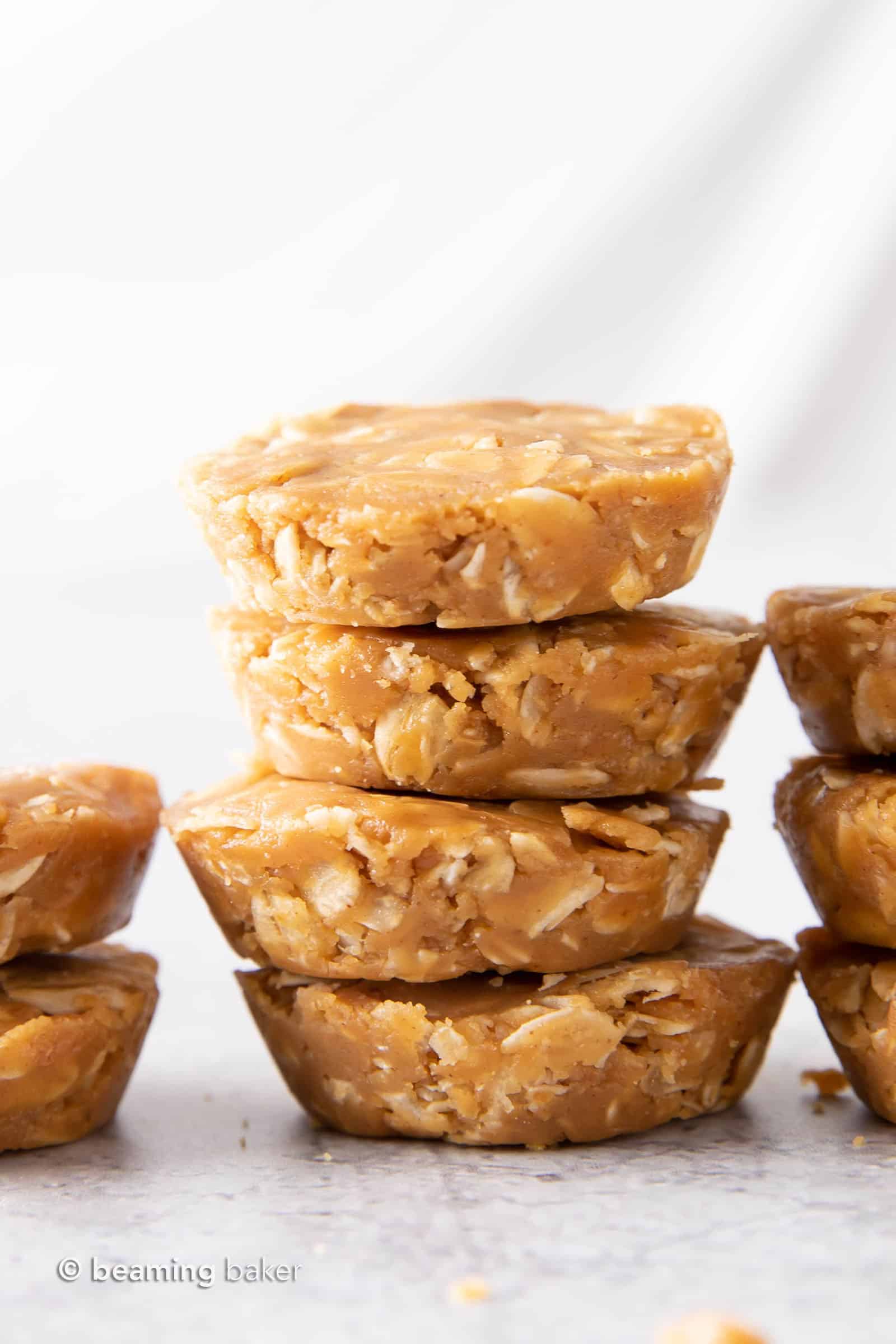 No Bake Peanut Butter Oatmeal Cups (V, GF): easy, simple & delicious—a quick recipe for soft ‘n chewy peanut butter oatmeal cups that are No Bake! Healthy, Gluten-Free, Vegan, Dairy-Free, No Cook. #NoBake #Cookies #PeanutButter #Oatmeal | Recipe at BeamingBaker.com