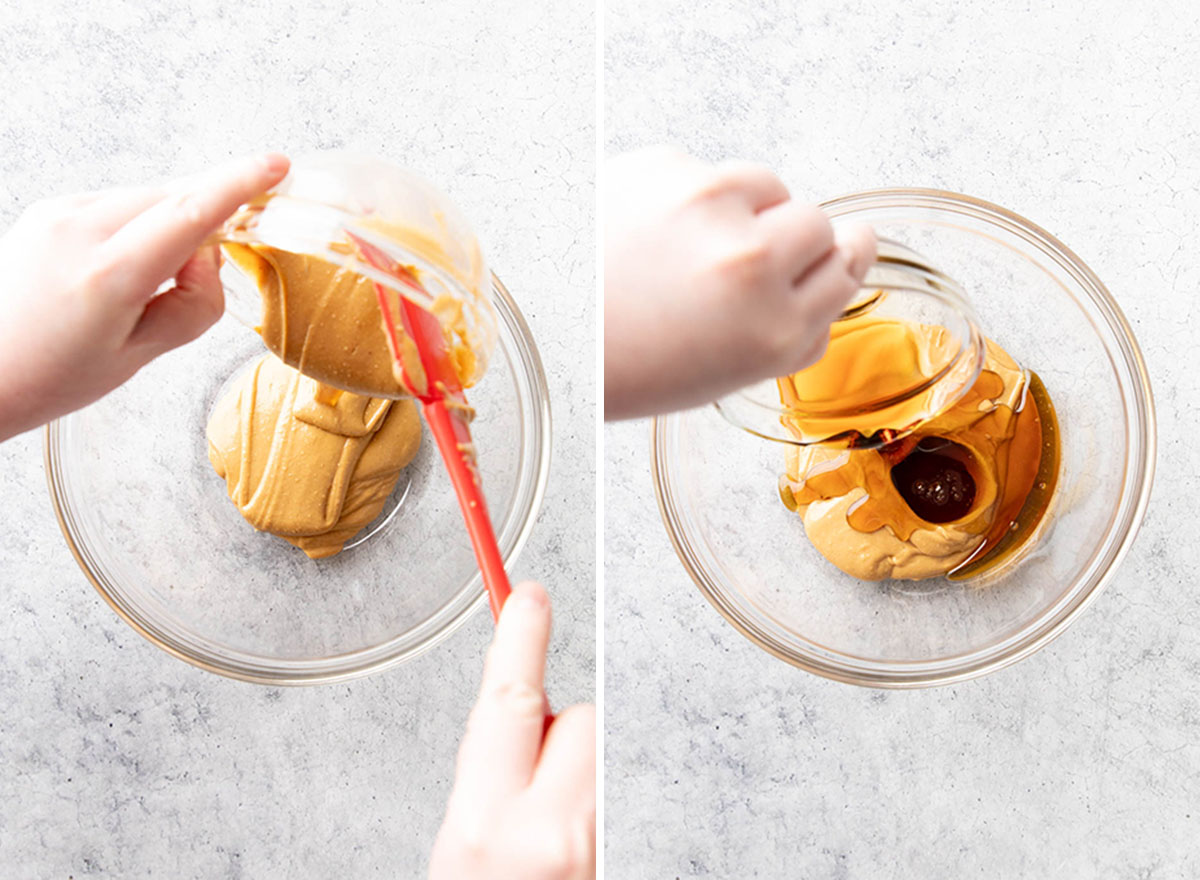 Two photos showing How to make Peanut Butter Oatmeal Cookie Cups – adding peanut butter and maple syrup