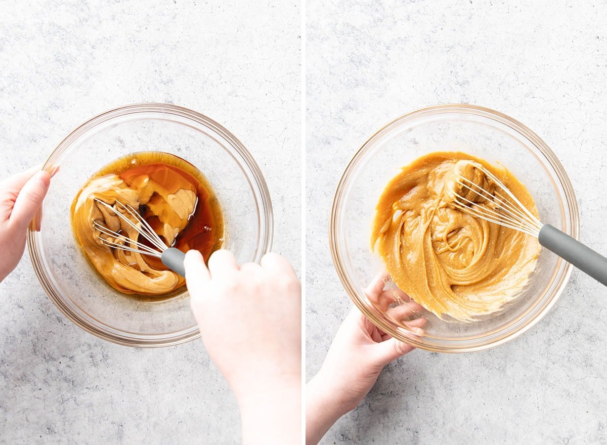 Two photos showing How to make Peanut Butter Oatmeal Cookie Cups – whisking sweetened mixture together