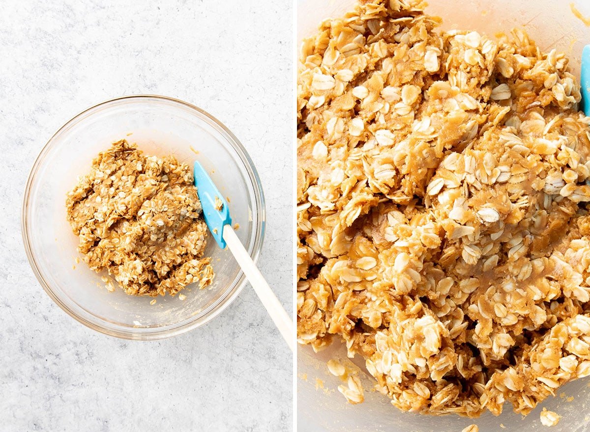 Two photos showing How to make Peanut Butter Oatmeal Cookie Cups – finishing the no bake mixture