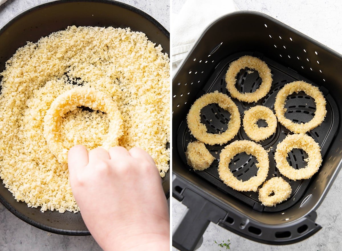Dipping the onion a second time into the egg mixture, then coating on both sides with the panko bread crumb mixture for a thick batter. Then, creating a single layer of well-coated onions sitting in a single layer of the basket, ready to be cooked.