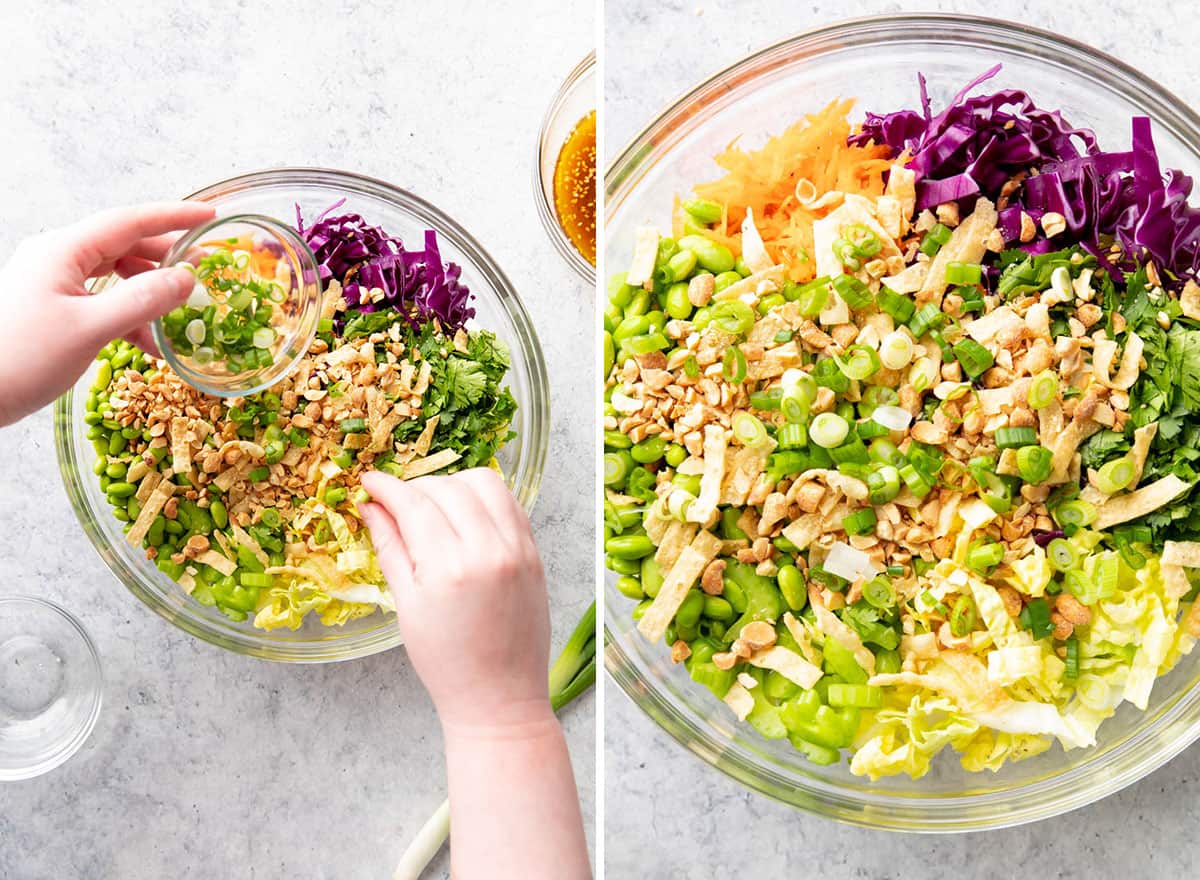 Two photos showing How to make this recipe – adding chopped green onions as topping