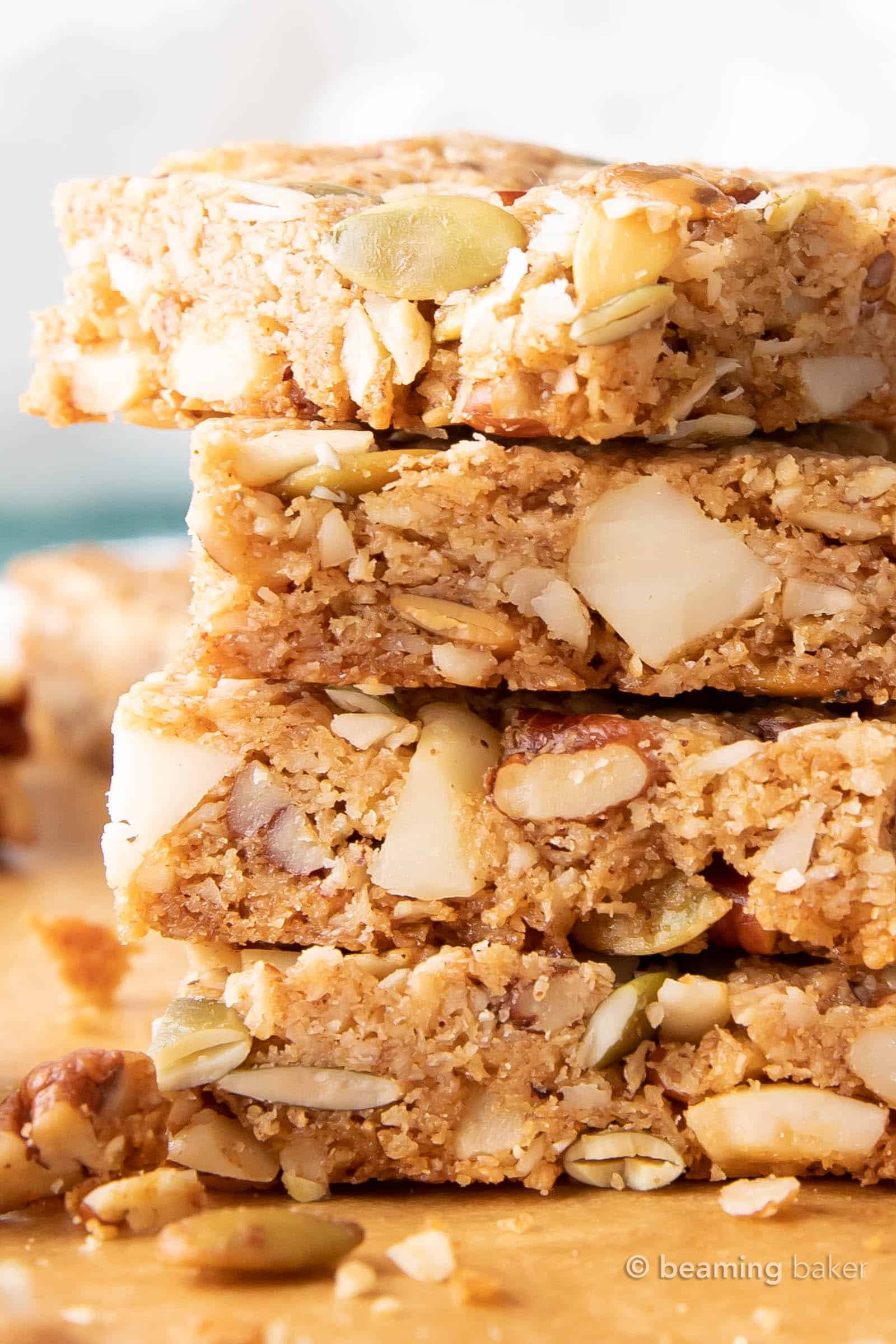 Keto Snack Bars Recipe: sweet & salty keto snack bars that are crispy on the outside, soft on the inside with a crunchy texture. Surprisingly keto & delightfully delicious. #Keto #LowCarb #SnackBars #KetoSnacks | Recipe at BeamingBaker.com