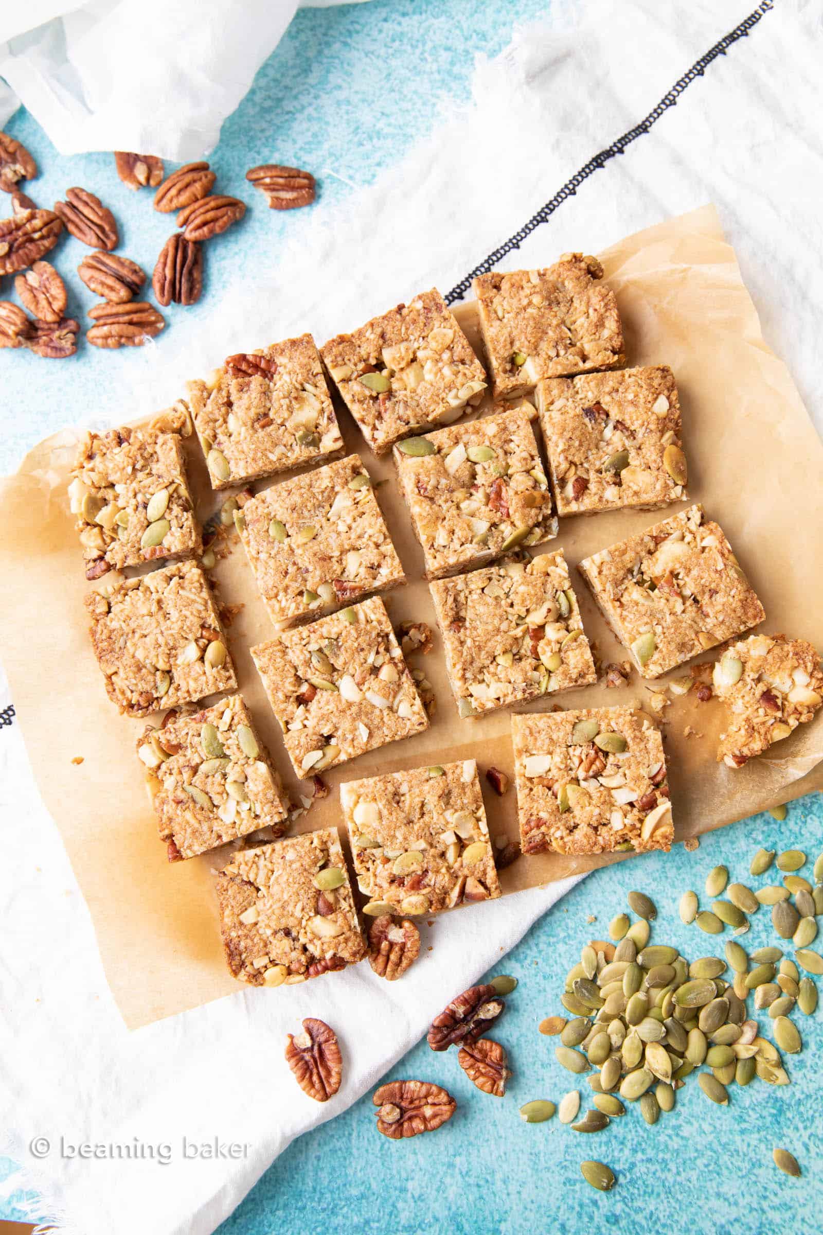 Keto Snack Bars Recipe: sweet & salty keto snack bars that are crispy on the outside, soft on the inside with a crunchy texture. Surprisingly keto & delightfully delicious. #Keto #LowCarb #SnackBars #KetoSnacks | Recipe at BeamingBaker.com