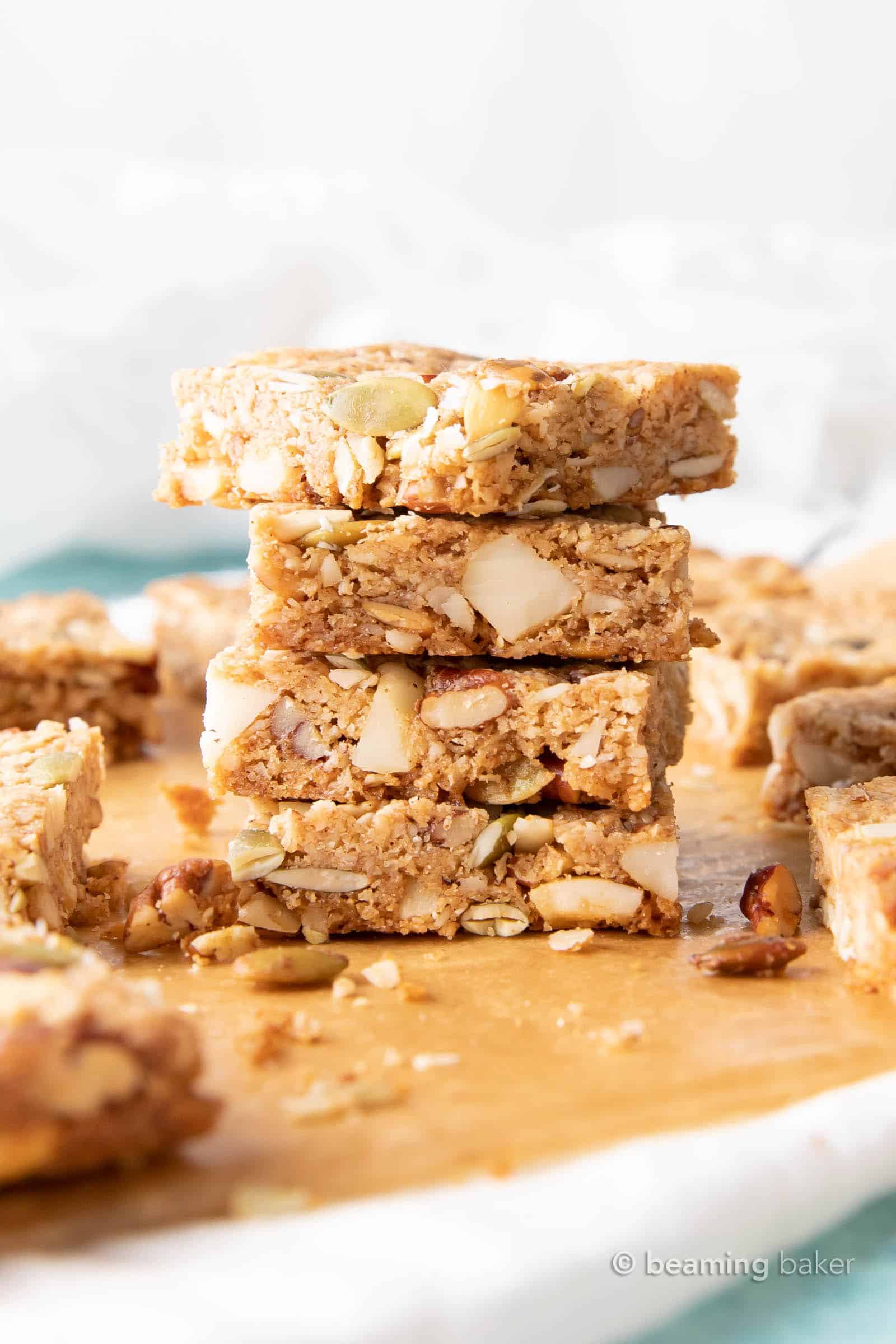 Keto Snack Bars Recipe: sweet & salty keto snack bars that are crispy on the outside, soft on the inside with a crunchy texture. Surprisingly keto & delightfully delicious. #Keto #LowCarb #SnackBars #KetoSnacks | Recipe at BeamingBaker.com