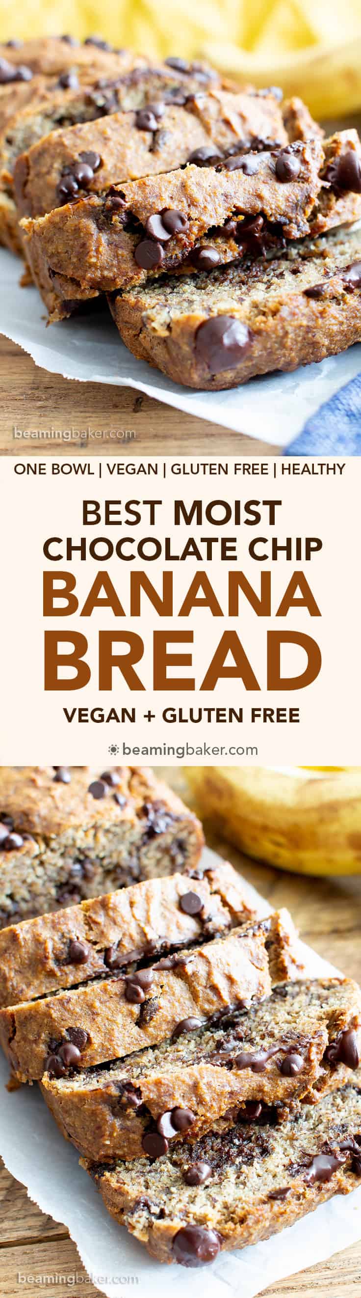 Best Moist Chocolate Chip Banana Bread Recipe (V, GF): a one bowl recipe for deliciously moist banana bread bursting with chocolate and made with healthy, whole ingredients. #Vegan #GlutenFree #DairyFree #Healthy #QuickBreads | Recipe at BeamingBaker.com