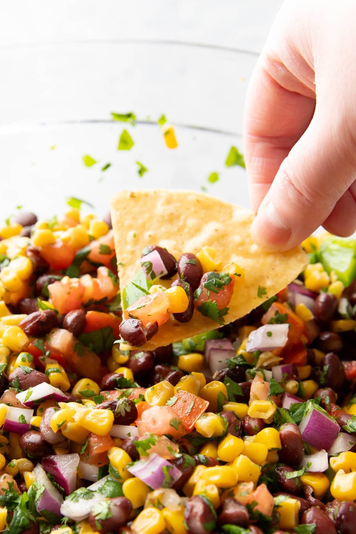 hand dipping a tortilla chip into a bowl of black bean and corn salsa