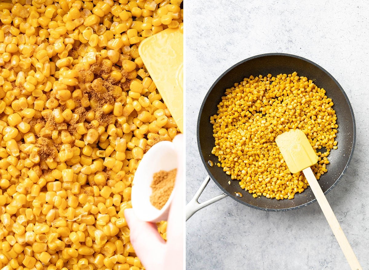 Two photos showing How to Make Black Bean and Corn Salsa – roasting corn in a skillet