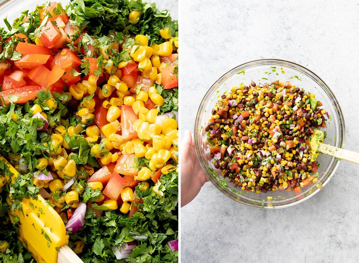 Two photos showing how to make this Mexican-inspired recipe – stirring ingredients together