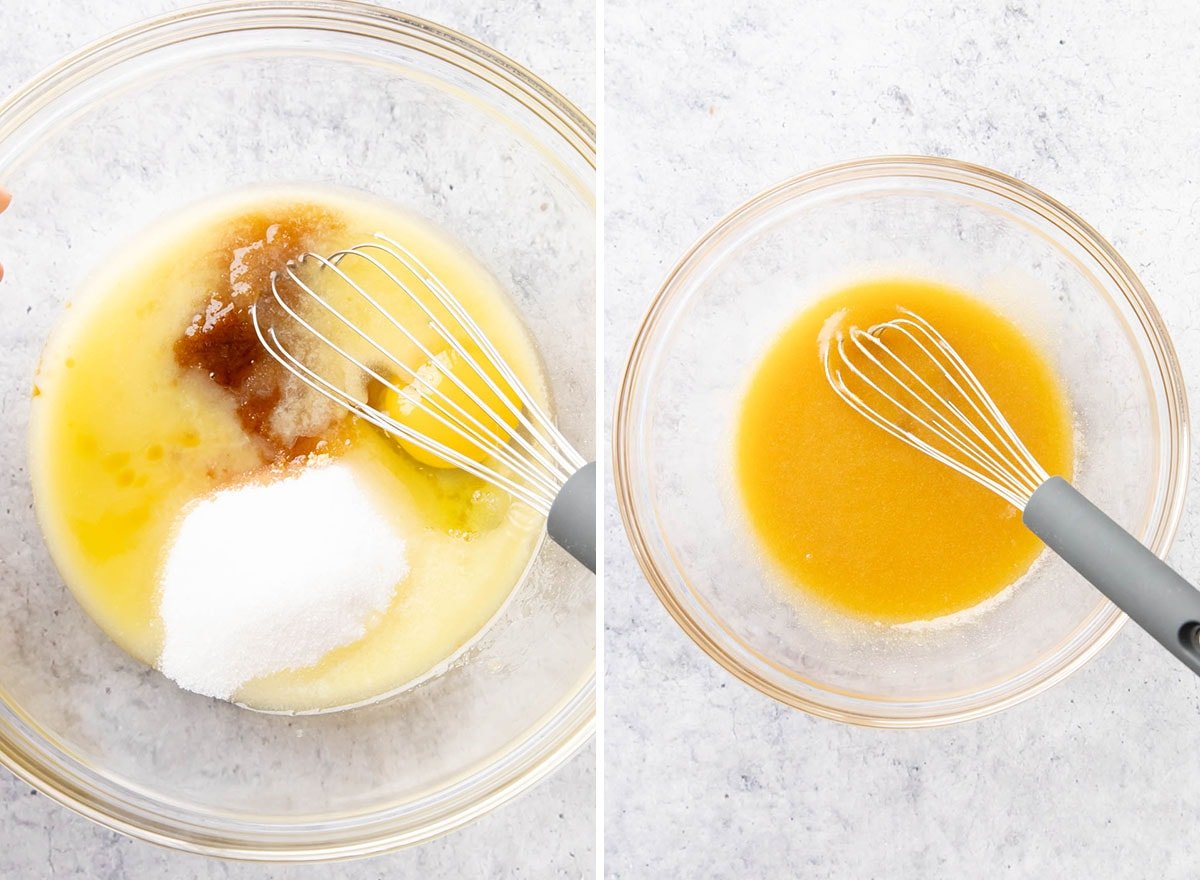 Two photos showing How to Make Brownie Cookies – whisking wet ingredients in a large bowl including eggs, sugar, vanilla and more.