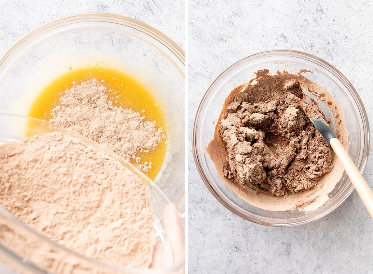 Two photos showing How to Make Chocolate Brownie Cookies – adding the dry ingredient flour mixture to the wet ingredient eggs and sugar mixture