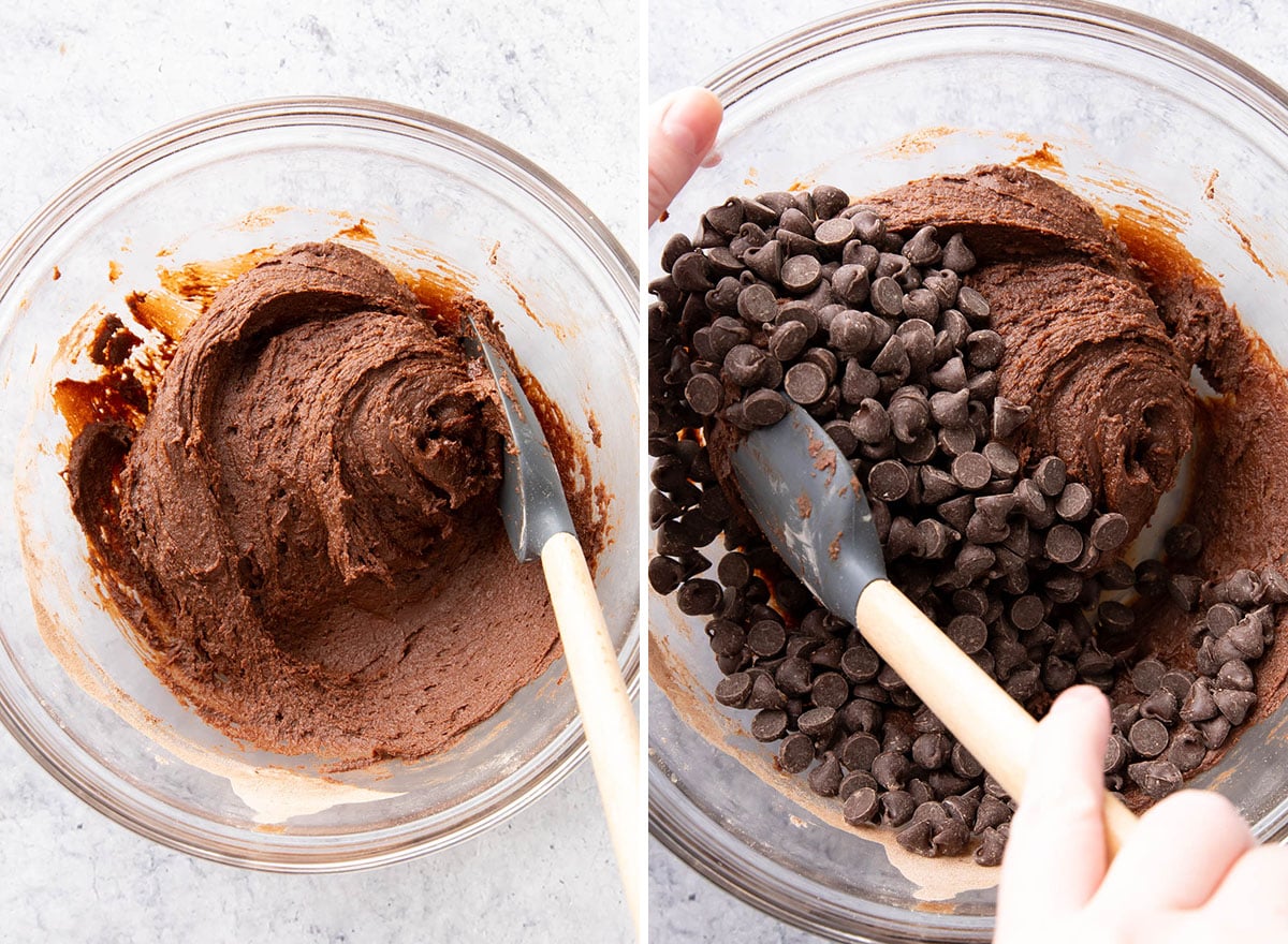 Folding chocolate chips into the cookie dough