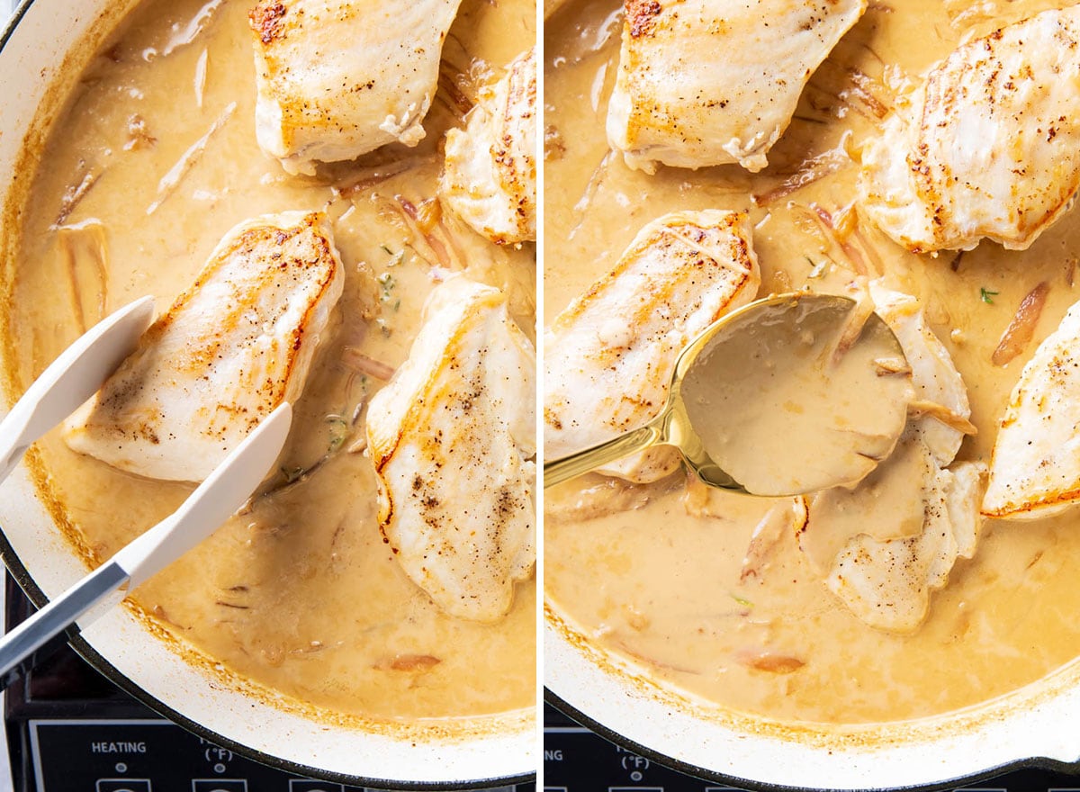 Using tongs to flip chicken breasts and spooning sauce over the chicken to ensure moisture and flavor.