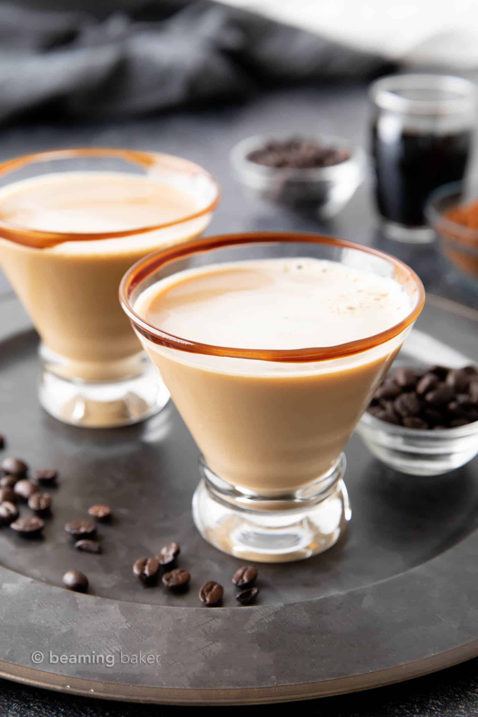 Two martini glasses filled with chocolate espresso martini