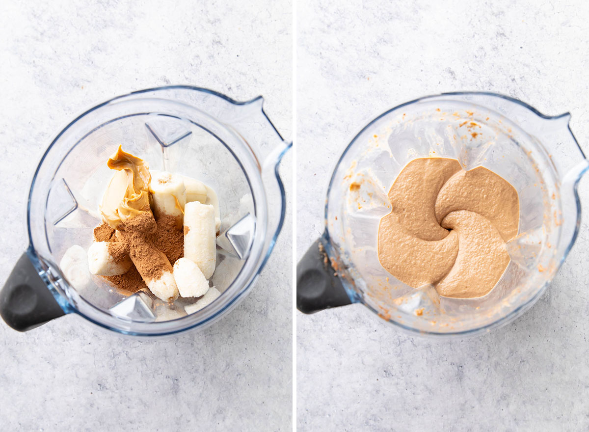 before and after shots of this chocolate peanut butter smoothie recipe - ingredients not blended, then blended smoothly together