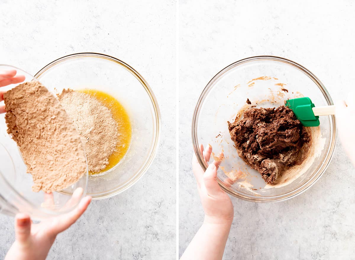 Two photos showing How to Make Chocolate Peppermint Cookies – making cookie dough 