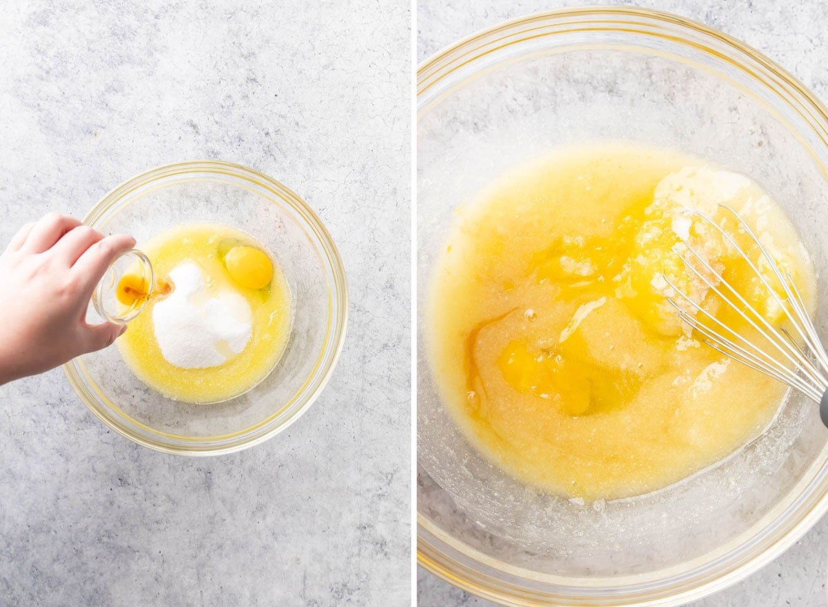 Two photos showing How to Make Cinnamon Oatmeal Cookies – whisking together the wet ingredients