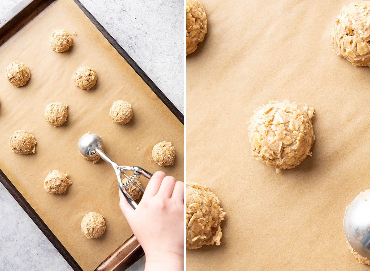Two photos showing How to Make cinnamon oatmeal cookies – scooping and dropping cookie dough onto lined baking sheet