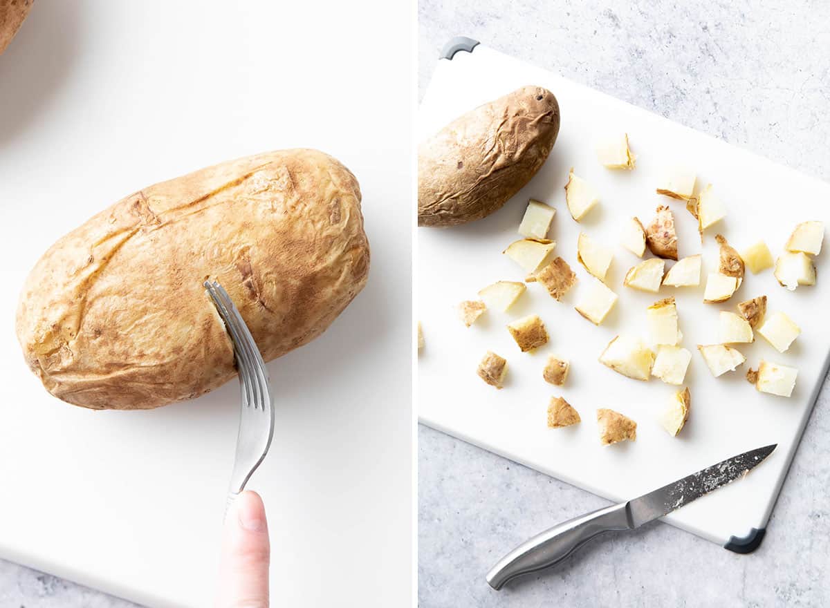 Two photos showing How to Make Crispy Breakfast Potatoes – cooking and chopping potatoes