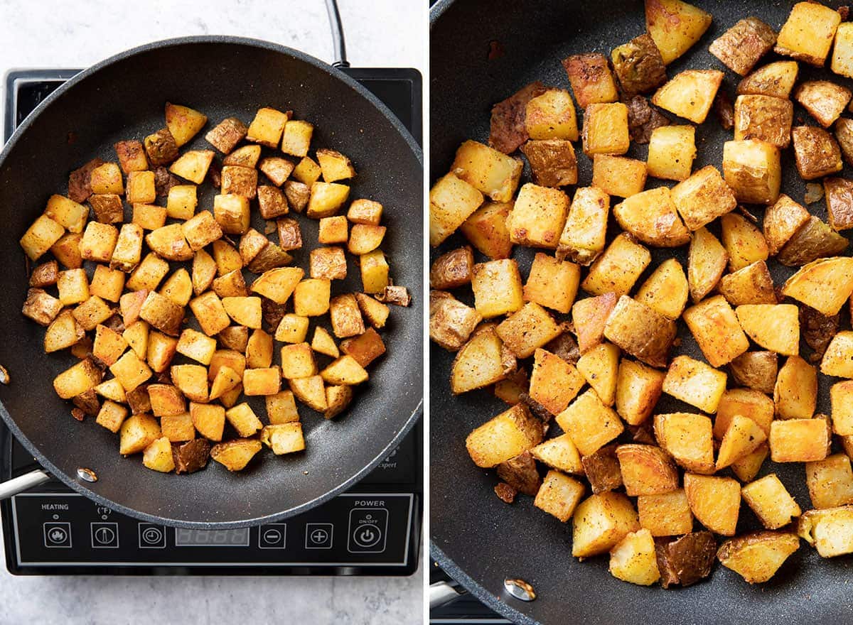 Two photos showing how to make this recipe – cooking until golden brown 
