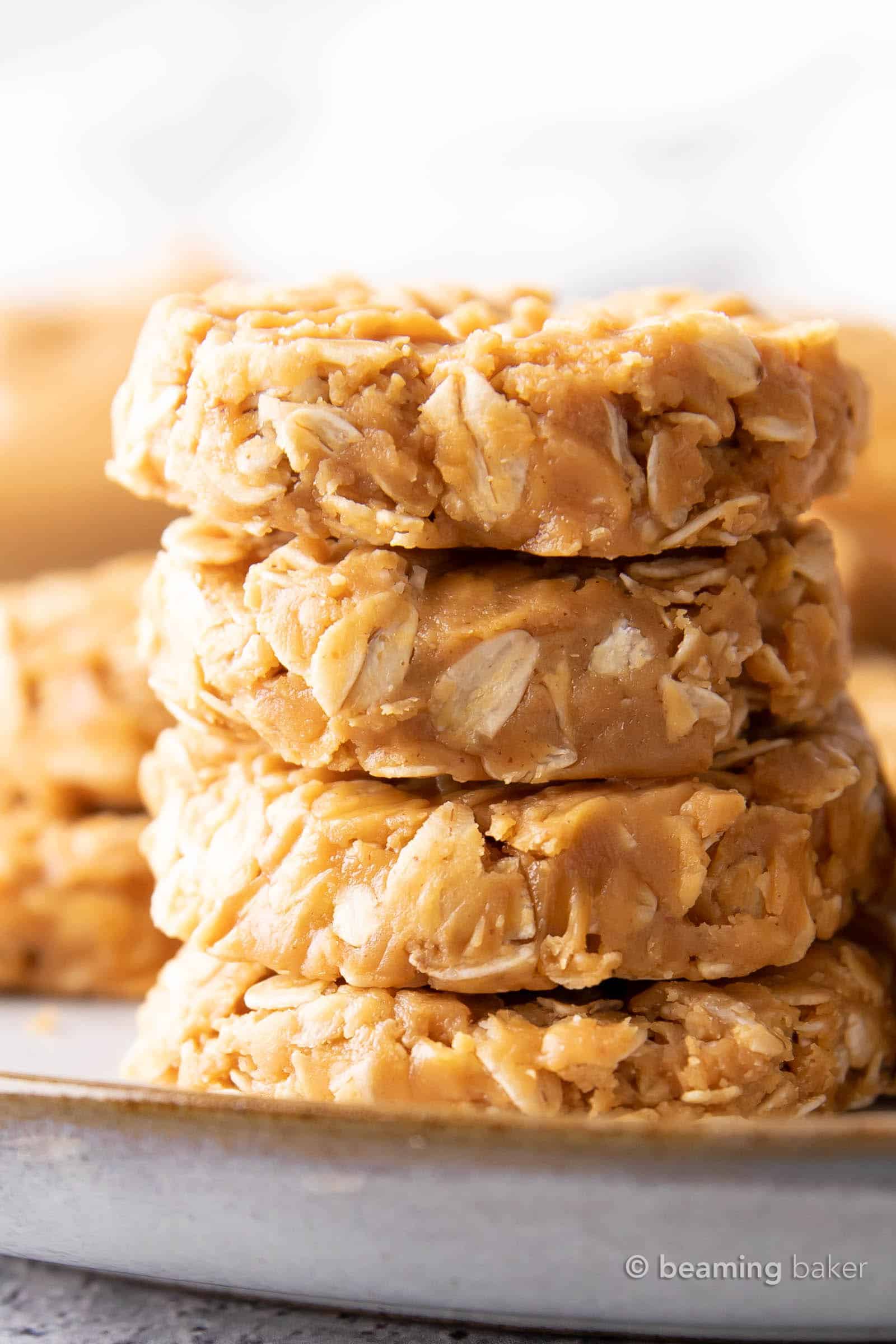 Closeup shot of a stack of peanut butter no bake cookies.