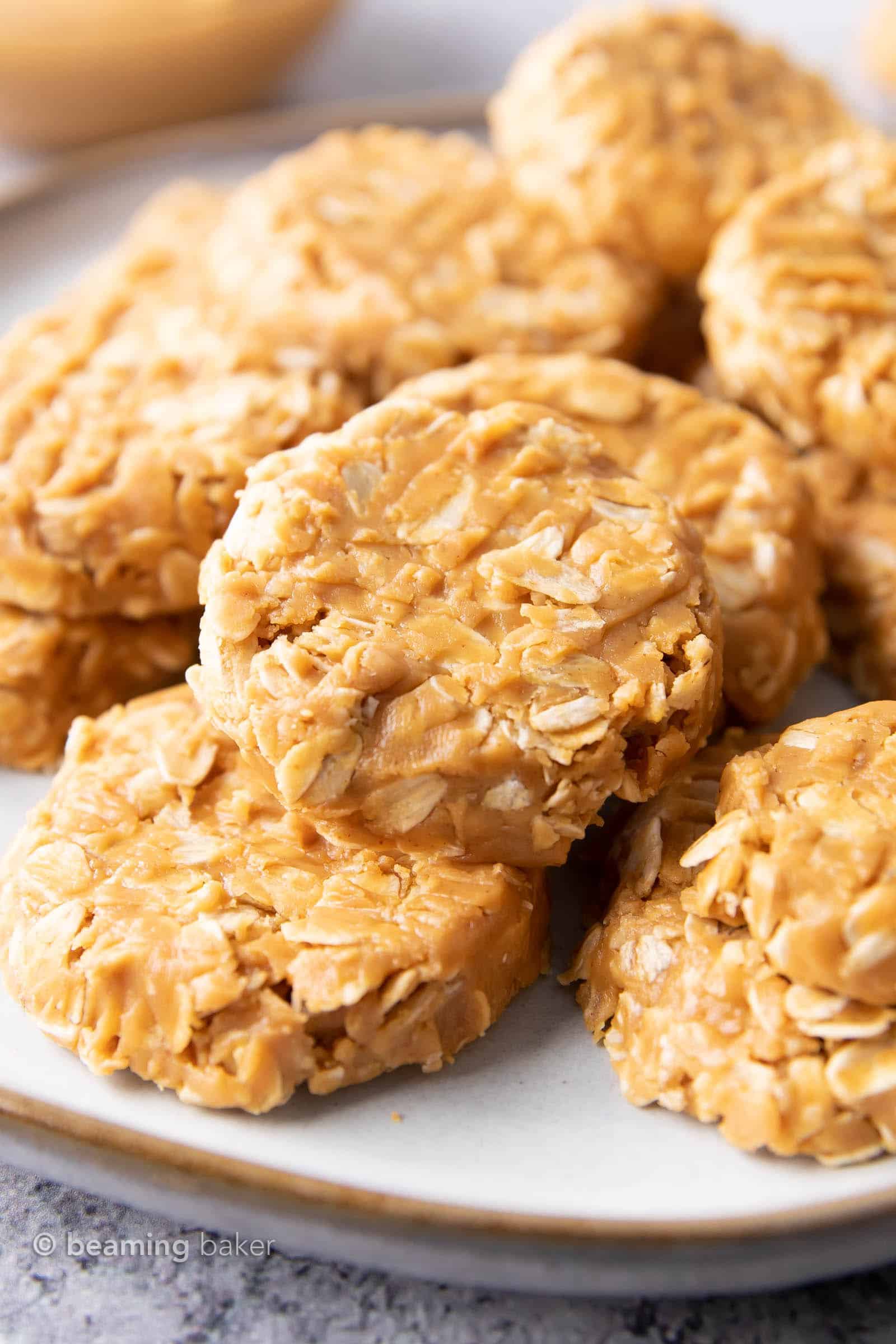 Closeup of cookies spread out on a gray plate.