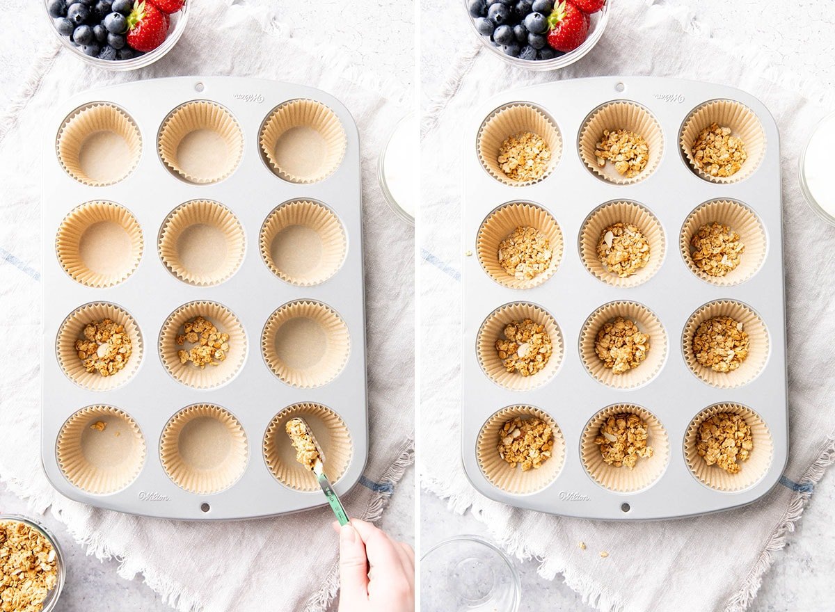 Two photos showing how to make frozen yogurt bites – creating the granola layer