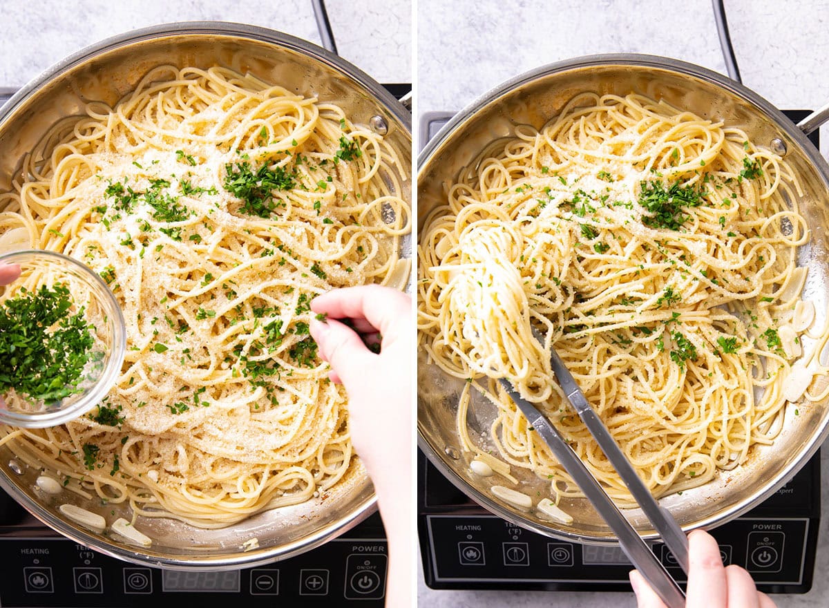 Adding final garnishes and tossing to coat evenly in sauce