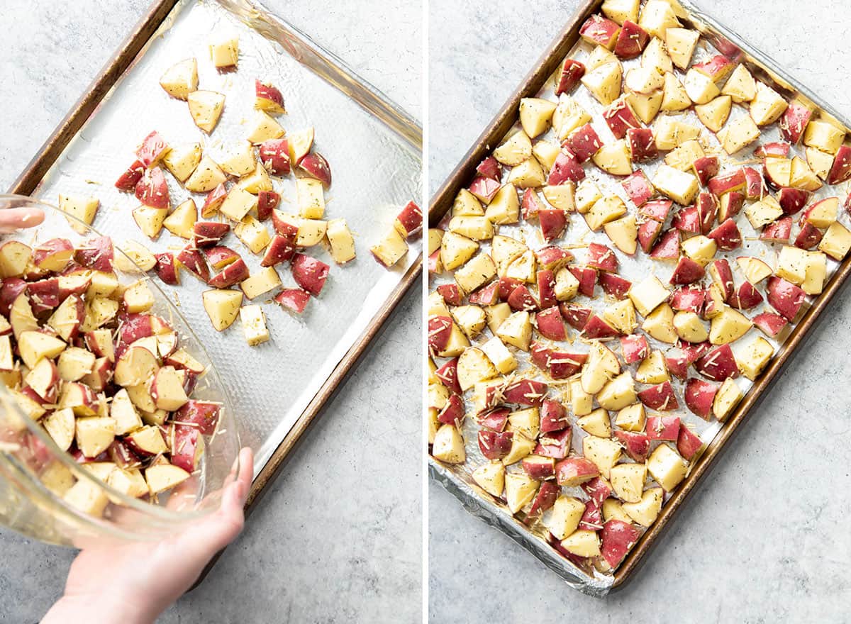 Two photos showing how to make this recipe – pouring bowl of ingredients onto baking sheet