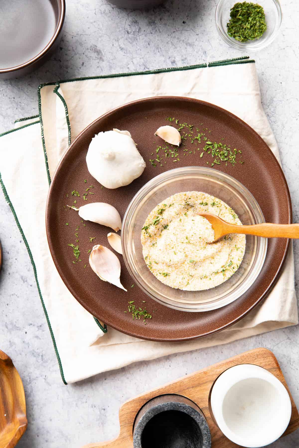 Garlic Salt in a Glass Bowl with a spoon