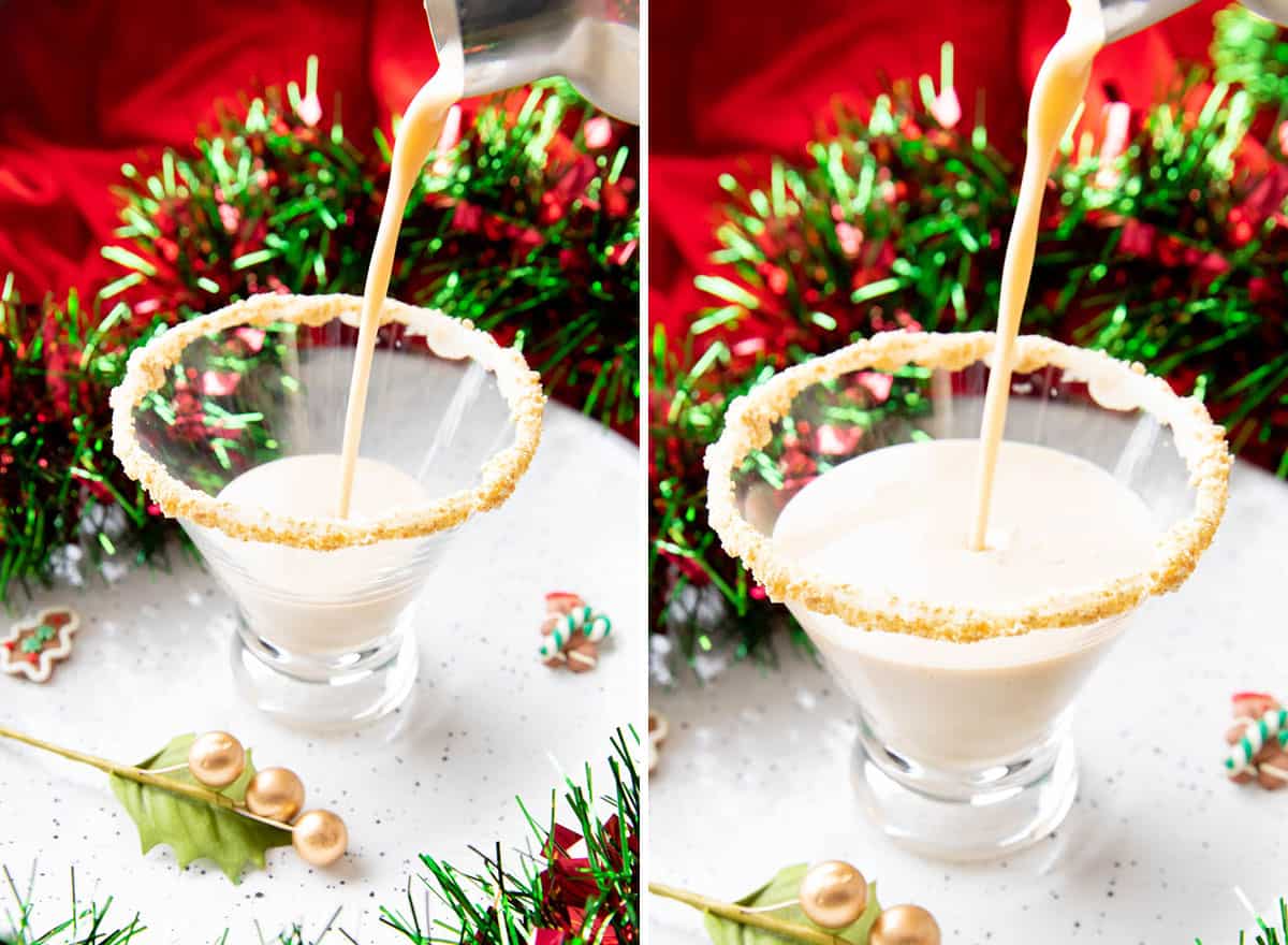 Two photos showing how to make this Christmas cocktail – straining cocktail into glass