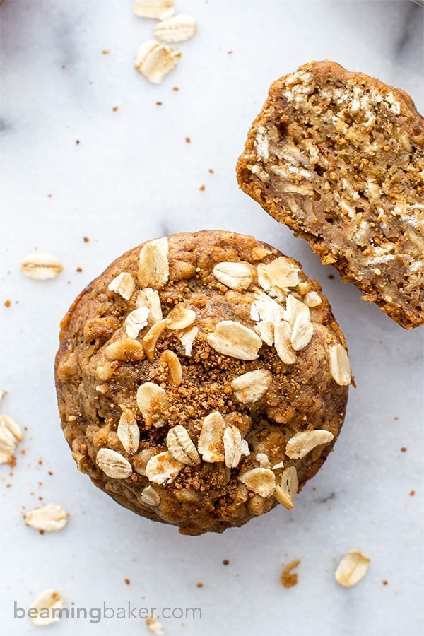 Gluten Free Banana Oat Muffins (V+GF): an easy recipe for warm, moist and lightly sweet Banana Oat Muffins made simple ingredients. BEAMINGBAKER.COM #Vegan #GlutenFree