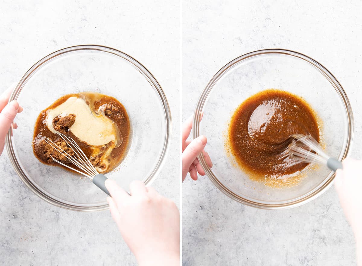Two photos showing How to Make Gluten Free Oatmeal Cookies – whisking wet ingredients in mixing bowl 