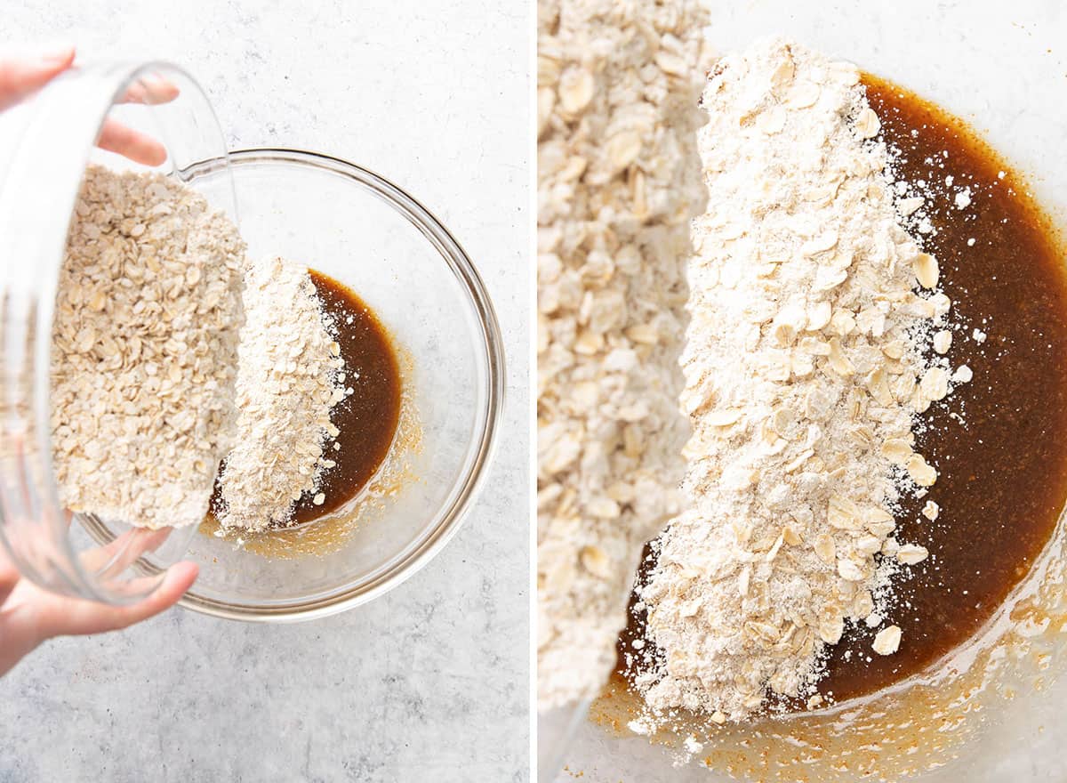 Two photos showing How to Make Gluten Free Oatmeal Cookies – combining wet and dry ingredients in bowl