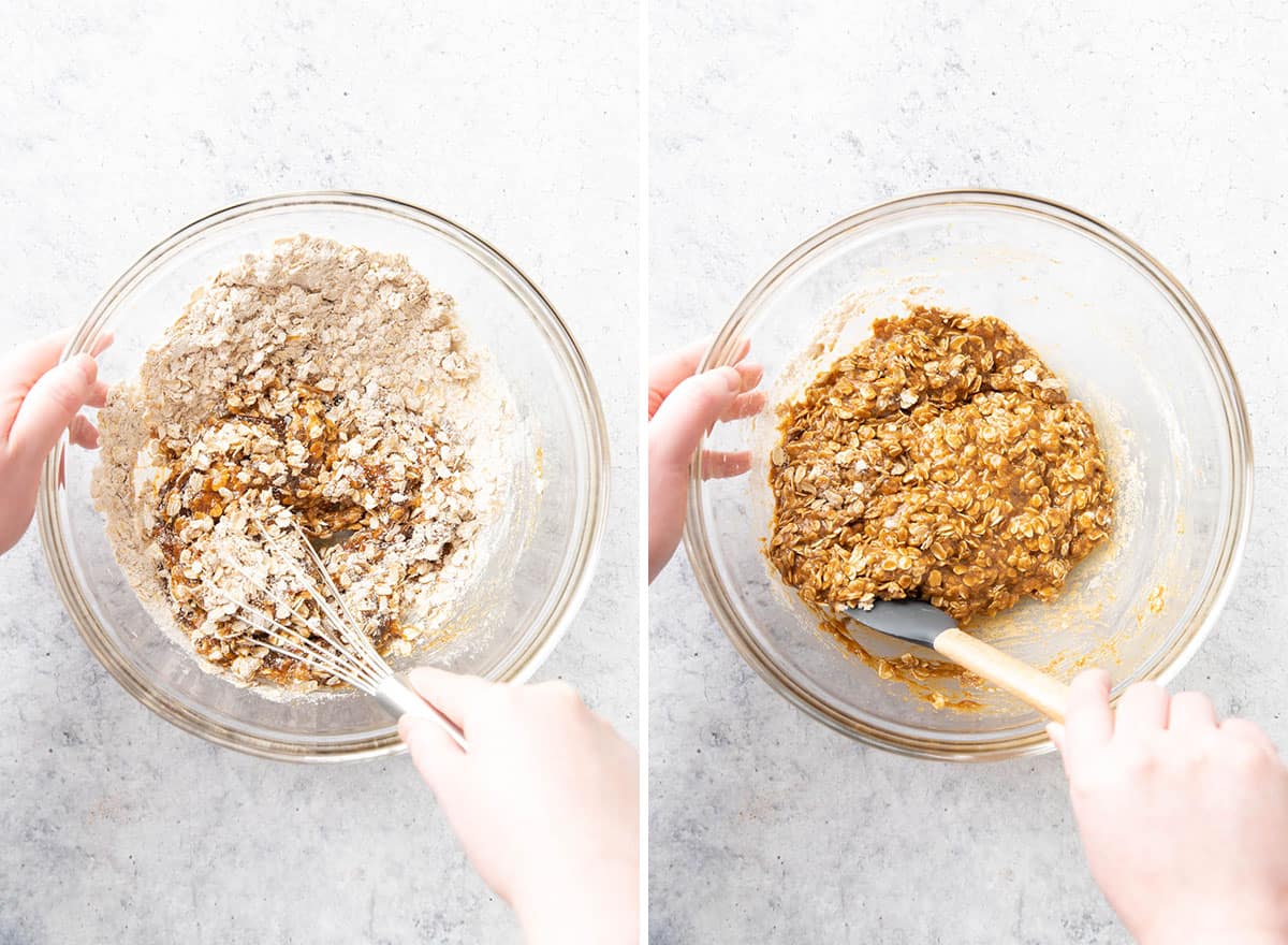Two photos showing How to Make Gluten Free Oatmeal Chocolate Chip Cookies – whisking and stirring cookie dough 