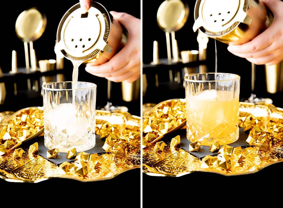 Two photos showing How to to make a Gold Rush Cocktail – pouring cocktail from gold shaker into glass 