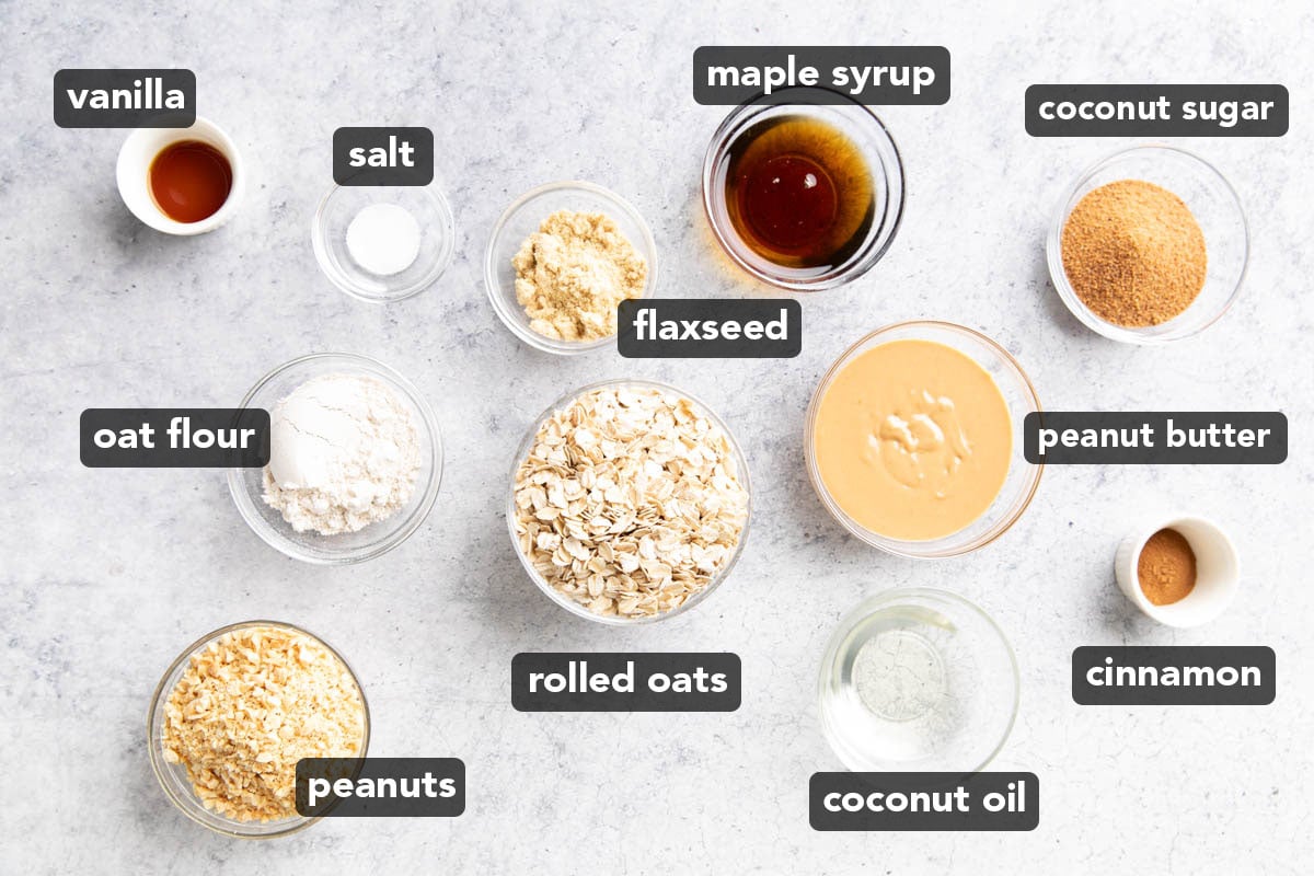 Healthy Peanut Butter Oatmeal Cookies ingredients measured into glass prep bowls