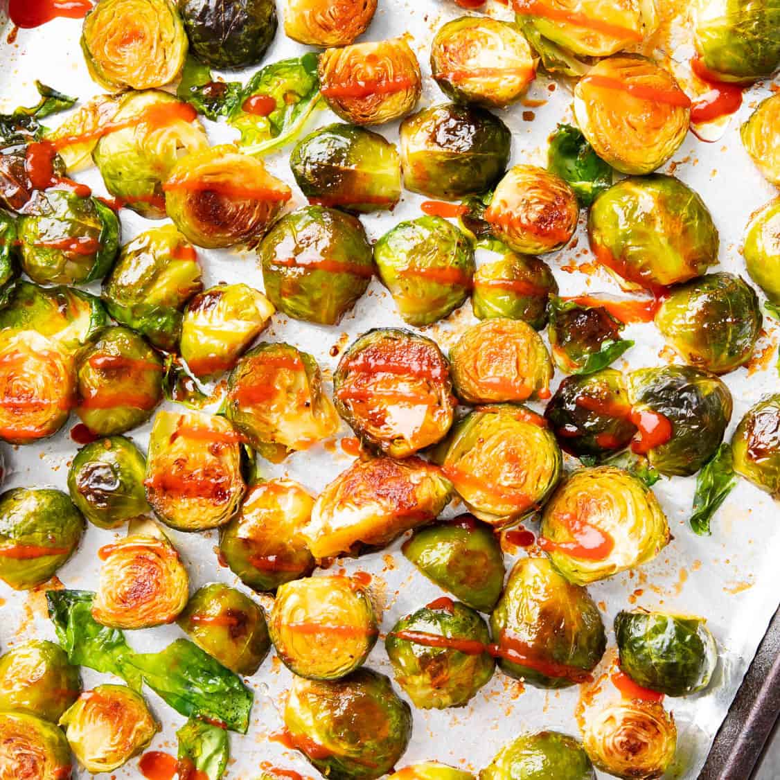 The finished recipe on a baking sheet with drizzled topping