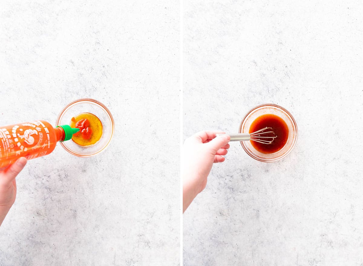 Two photos showing How to Make Honey Sriracha Brussels Sprouts – making the sauce