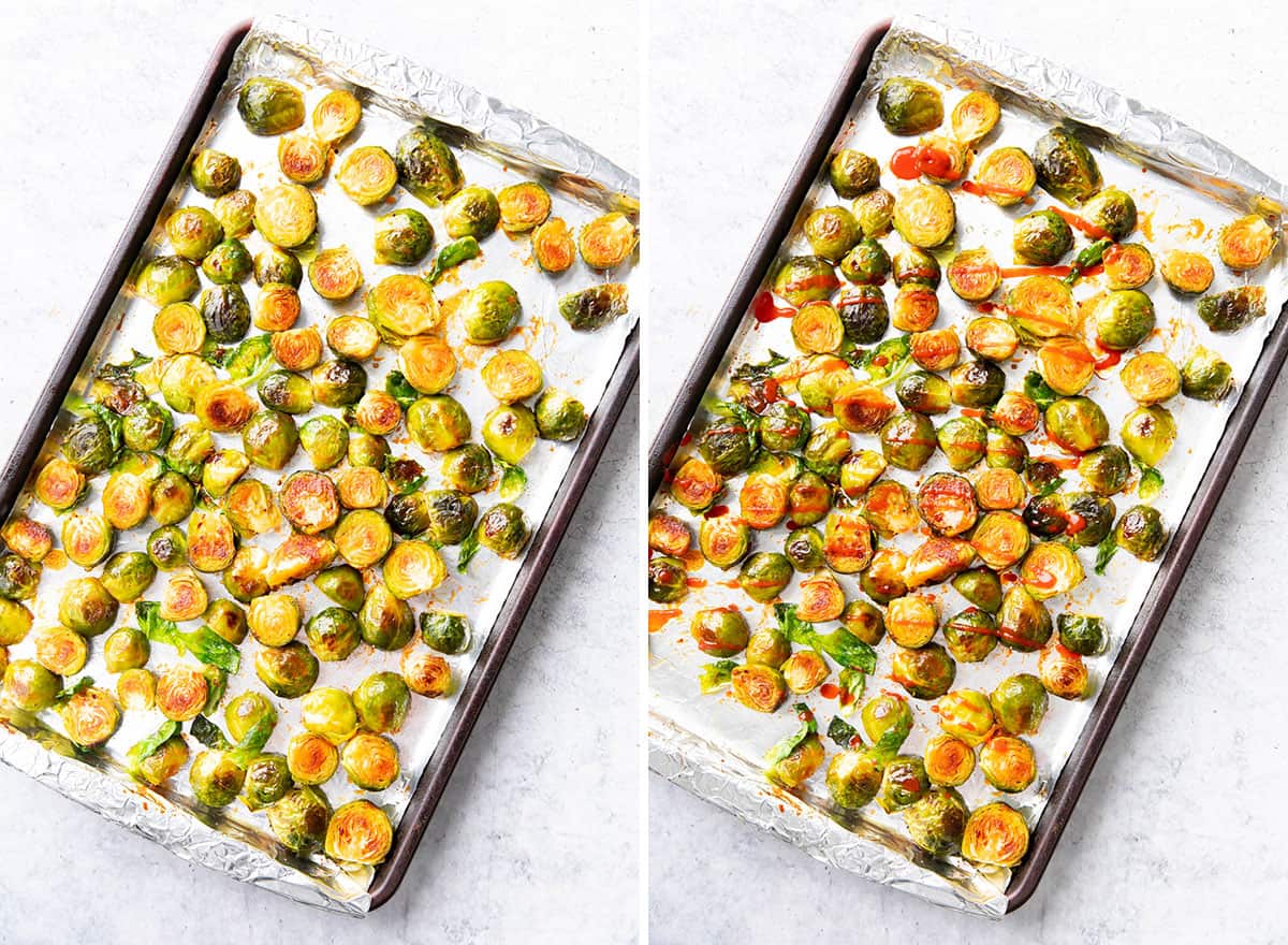 Two photos showing How to Make this recipe – adding sweet and spicy drizzle