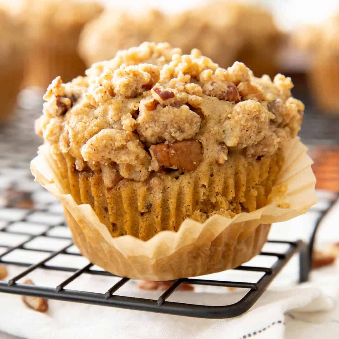 close up of streusel topping baked into a muffin
