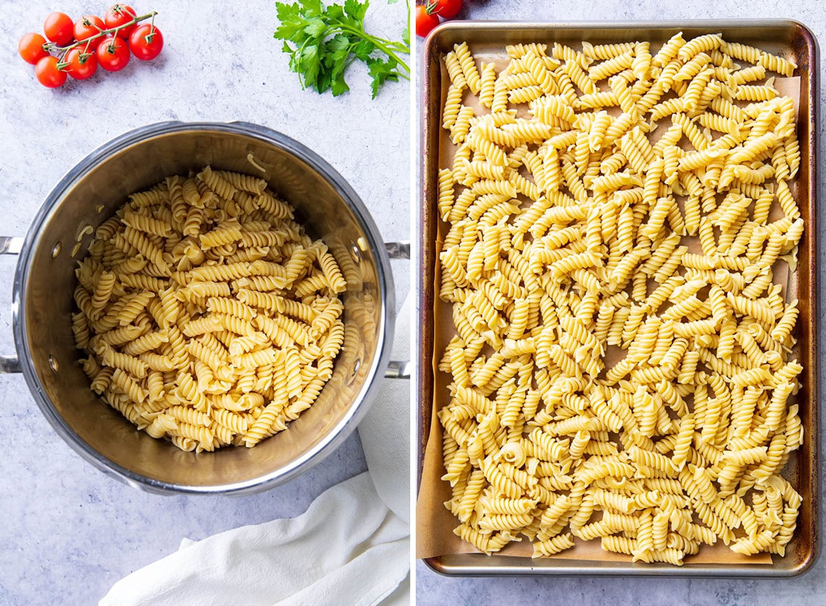 Cooking Pasta - Two photos showing how to make Italian pasta salad - Cooked pasta in a pot and pasta spread out on a baking sheet to cool.