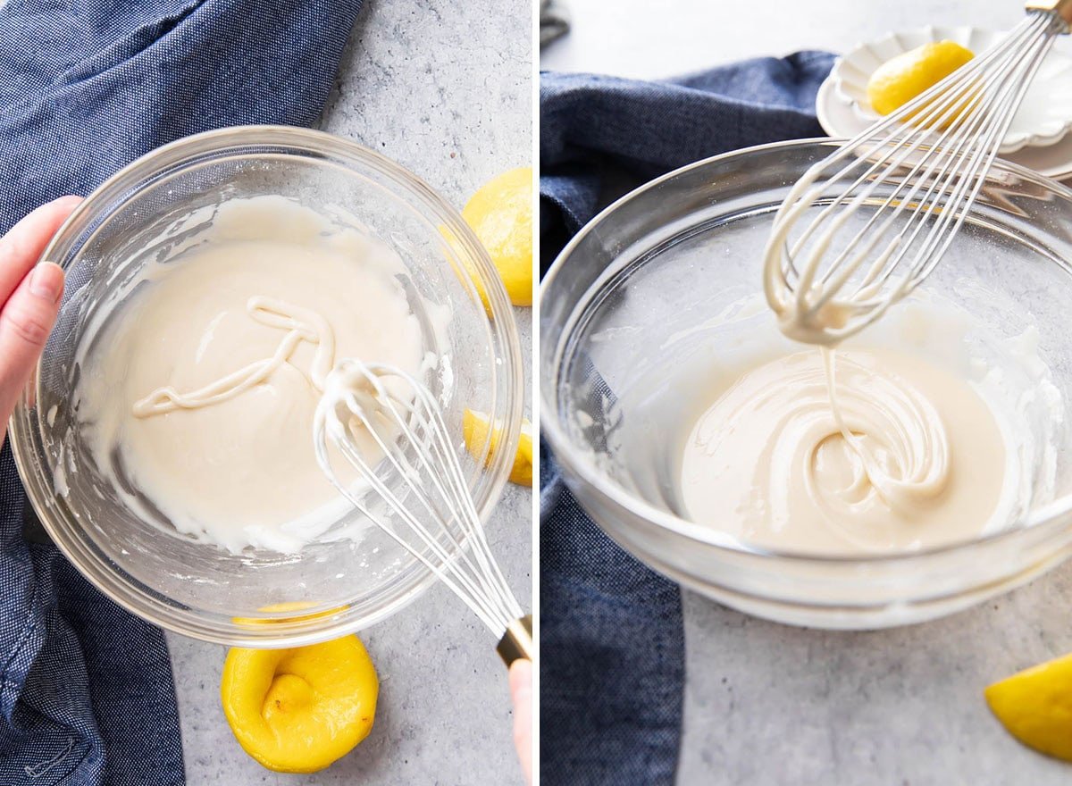 showing the ideal stopping point of whisking and adding in powdered sugar to get a good dessert topping that will stay put on baked goods