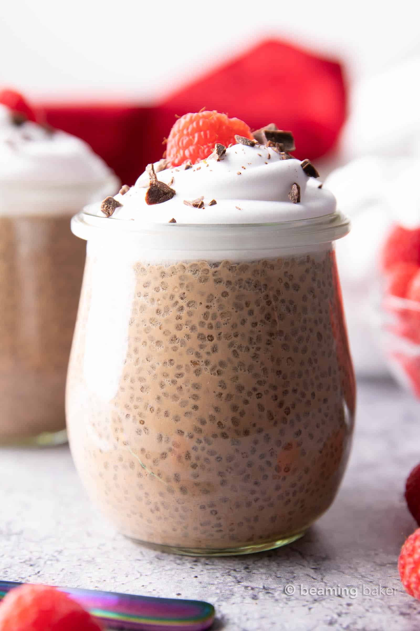 Low Carb Chocolate Chia Pudding (Keto): this rich & chocolatey keto chocolate chia pudding recipe is the best—made with simple ingredients, creamy and thick, and Low Carb! Keto chia pudding never tasted so good. #Keto #KetoDessert #LowCarb #ChiaPudding | Recipe at BeamingBaker.com