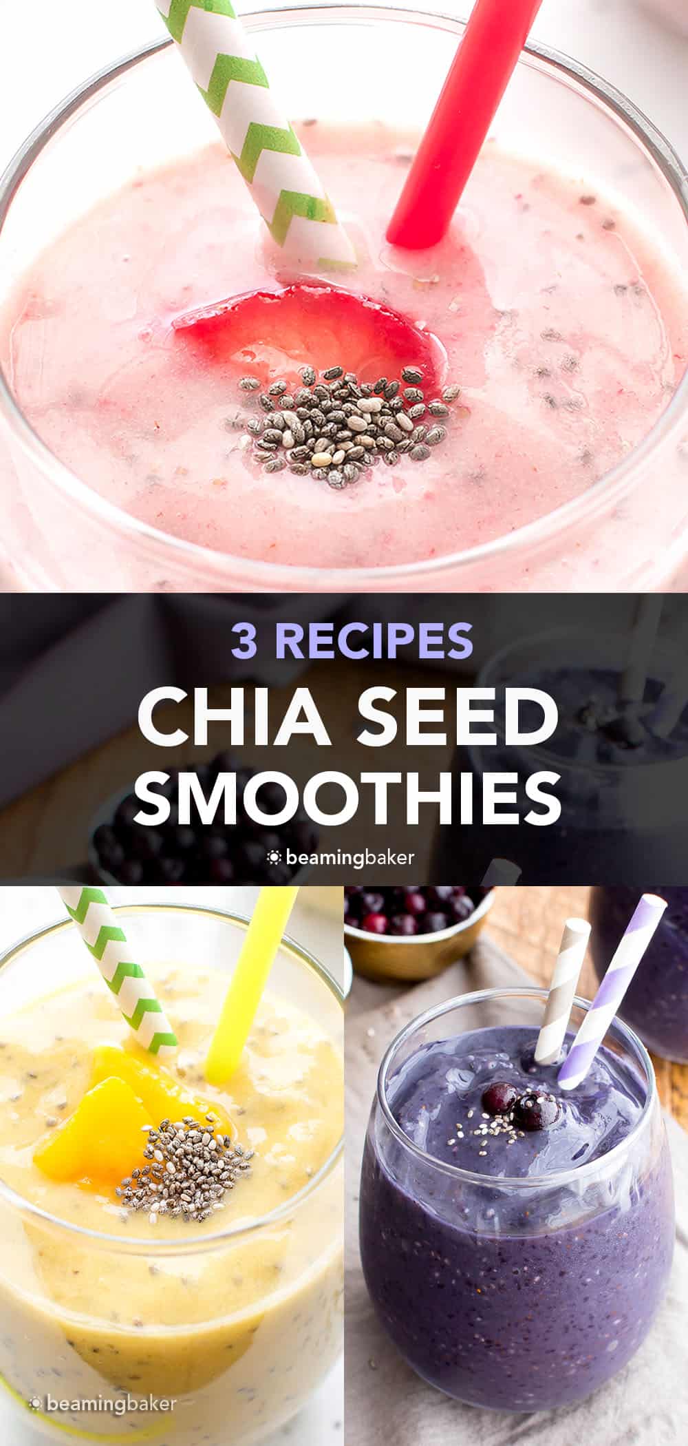 Chia Seed Smoothie Recipes – 3 Ways: learn how to make chia seed smoothies 3 delicious ways—the freshest, easiest ways to include chia seeds in a smoothie! #ChiaSeeds #Smoothie #Chia #ChiaSeed | Recipe at BeamingBaker.com