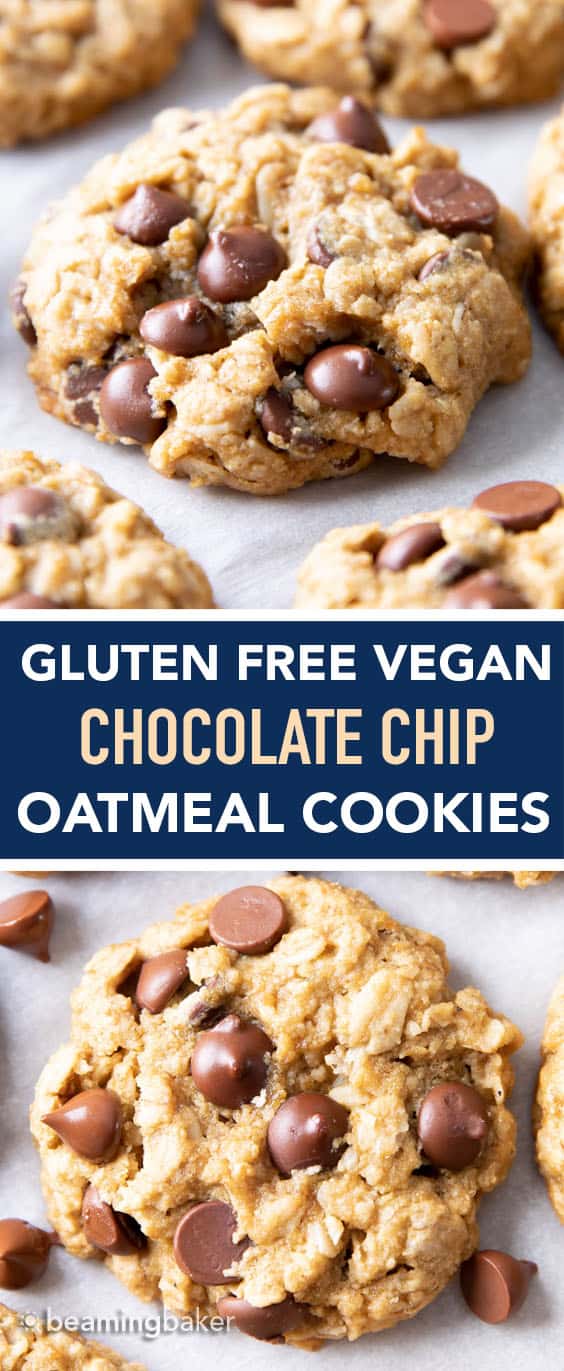 Gluten Free Vegan Oatmeal Chocolate Chip Cookies (GF): a simple vegan oatmeal chocolate chip cookies recipe that yields soft & buttery oatmeal cookies packed with melty chocolate chips! Dairy-Free, Refined Sugar-Free. #OatmealCookies #GlutenFree #Vegan #ChocolateChip | Recipe at BeamingBaker.com