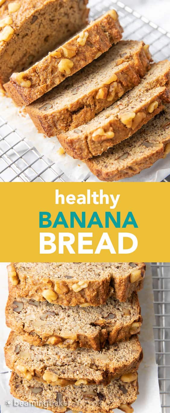 Healthy Banana Bread Recipe: unbelievably delicious banana bread that just so happens to be healthy! Moist ‘n rich with cozy banana flavor and incredible texture—you won’t be able to resist! #BananaBread #Healthy #Banana | Recipe at BeamingBaker.com